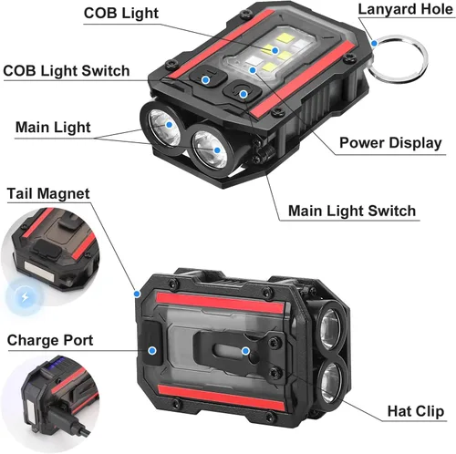Miniatura 2 de SUNPRO Llavero Mini linterna con clip, luz de bolsillo de 8 modos, luz lateral COB roja y azul, recargable tipo C para senderismo, camping
