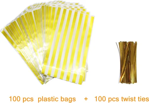 Miniatura 2 de WOKawaiYo HOPEMT - 200 bolsas de plástico translúcidas de rayas doradas/bolsas de celofán con 100 lazos dorados para galletas, pasteles, chocolate