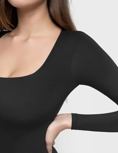 Miniatura 38 de PUMIEY Body sexy de manga larga con cuello cuadrado para mujer, colección Smoke Cloud