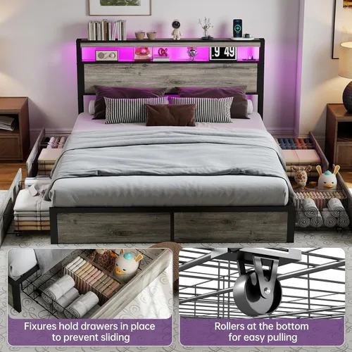Miniatura 4 de Full Bed Frame with 2-Tier Storage Headboard and 4 Drawers, Metal Platform Bed Frame with LED & Charging Station, No Box Spring Needed/Noise