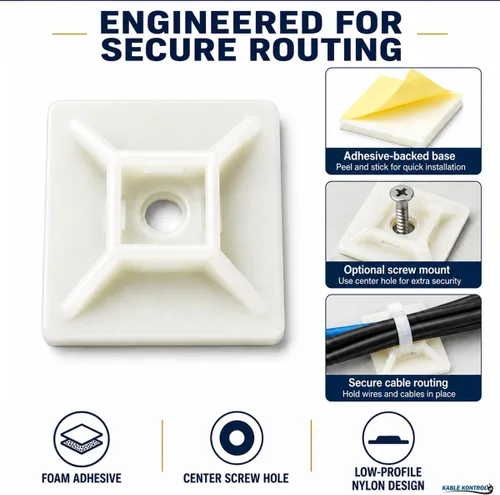 Miniatura 4 de Kable Kontrol Soportes para bridas de cremallera, 1 pulgada cuadrada, blanco natural, 100 unidades, cuadrados de montaje multiusos con respaldo
