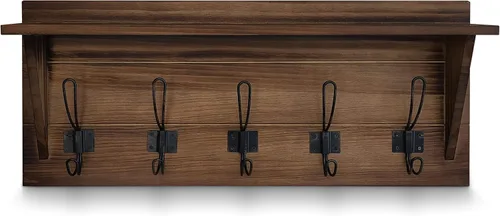 Miniatura 7 de HBCY Creations Perchero de pared de madera maciza color marrón rústico con estante, 5 ganchos, 24 pulgadas de largo, cocina, vestíbulo, entrada
