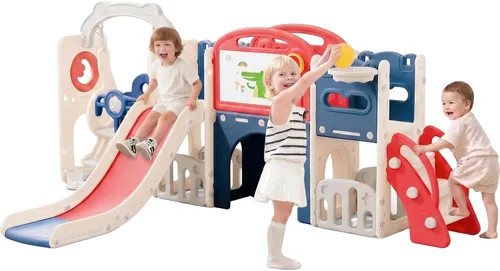 Juego de juego para niños pequeños de 1 a 3 años para jugar en interiores y exteriores, todo en uno, 11 en 1, diversión con aro de baloncesto, Blanco