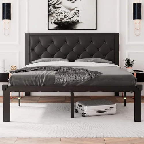 Miniatura 10 de Feonase Marco de cama de metal tamaño doble con cabecera capitoné de cuero sintético con botones, marco de cama tipo plataforma resistente