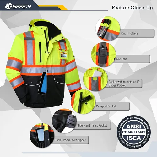 Miniatura 5 de JKSafety Chaqueta bomber de invierno reflectante 3M impermeable de alta visibilidad con 10 bolsillos Parte inferior amarillo neón negro Bolsillo