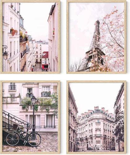 Miniatura 10 de HAUS AND HUES París - Juego de 4 pósteres de pared (rosa, 11 x 14), marco beige, decoración de dormitorio para niñas