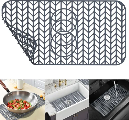 Miniatura 13 de Protectores de fregadero de cocina de 12 x 11 y 13 x 11 pulgadas, protectores de silicona para fregadero de cocina para la parte inferior del Gris