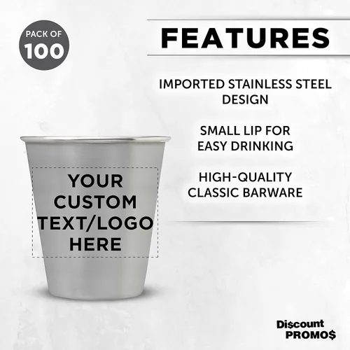 Miniatura 2 de Vasos de chupito de metal personalizados de 2.5 onzas, juego de 100, paquete personalizado a granel, ideal para bodas, cumpleaños, fiestas, acero