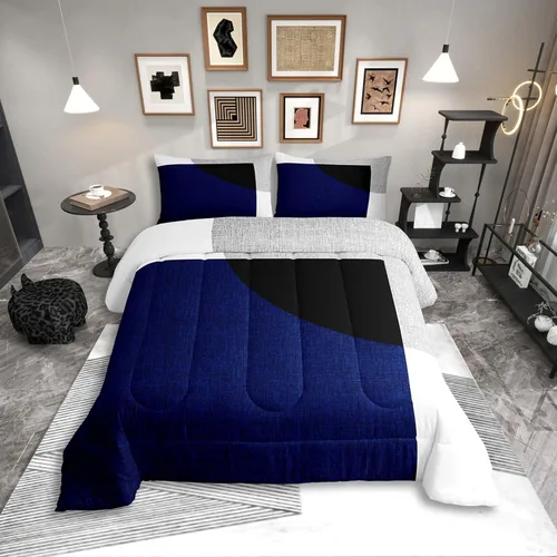 Miniatura 20 de Erosebridal Edredón Cuadrado para Niños y Niñas, Juego de Ropa de Cama Negro y Gris Blanco Azul Marino, Juego de Edredón Geométrico Completo