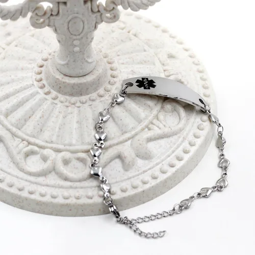 Miniatura 8 de Pulsera de símbolo médico de plata grabada con láser, alerta de salud grabada en forma de corazón, adecuada para primeros auxilios de emergencia