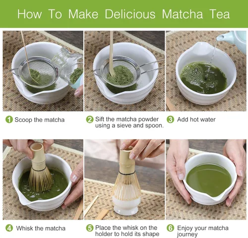Miniatura 4 de Juego de batidor de matcha, juego de 6 piezas con cuchara de matcha de bambú y tamiz de acero inoxidable/cuenco de cerámica con boquilla
