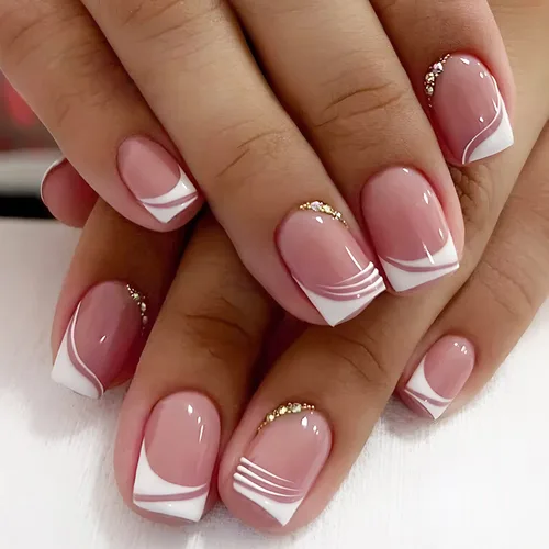 Miniatura 16 de Uñas postizas a presión de otoño con diseño de hoja de arce cortas y cuadradas en estilo francés con degradado - Lindas uñas acrílicas brillantes