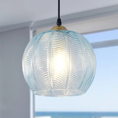 Miniatura 8 de Lámpara Colgante de Cristal Verde, Iluminación Colgante de Globo Grande Individual de 9.8 Pulgadas Nórdica Acanalada para Techo Colgante, Lámpara