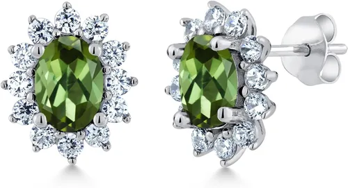 Miniatura 190 de Gem Stone King Aretes ovalados de plata de ley 925 de 0.276 x 0.197 in con piedra natal de la princesa Diana, estilo halo real para mujeres
