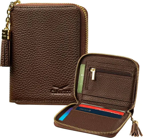Miniatura 13 de Claasico Cartera Bifold para mujer con bloqueo RFID Cartera de piel auténtica con cremallera y bolsillo para monedas para mujer Elegante soporte