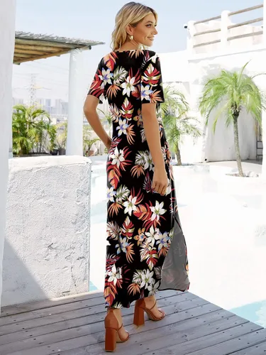 Miniatura 3 de Vestido largo casual suelto de manga corta con cuello en V para mujer, vestido largo con abertura, vestido de playa de verano con bolsillos