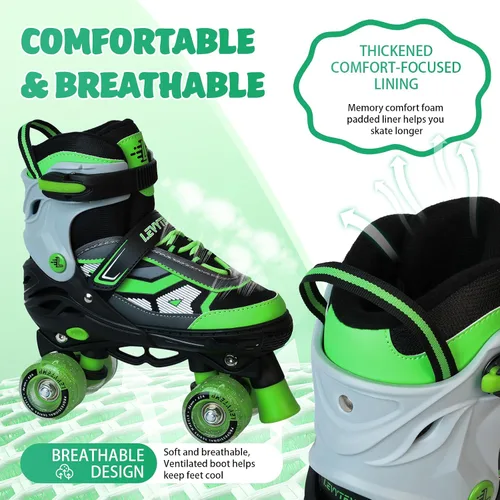 Miniatura 5 de Patines de ruedas para niños y niñas, patines cuádruples ajustables de 4 tallas con todas las ruedas iluminadas para principiantes, deportes de Verde