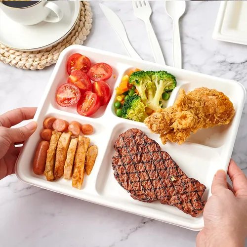 Miniatura 4 de ECOLipak Platos 100% compostables de 5 compartimentos, paquete de 125 platos de papel desechables, platos de caña de azúcar biodegradables de alta