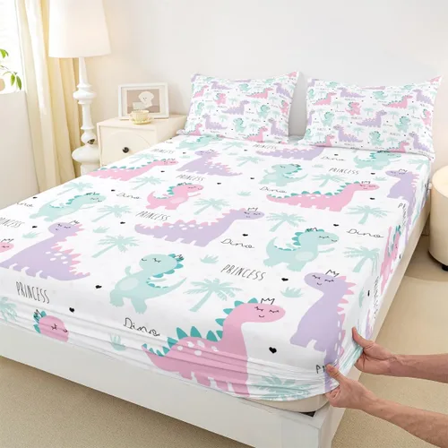 Miniatura 6 de Erosebridal Sábana bajera ajustable de dinosaurio, juego de ropa de cama de hoja de palmera para dormitorio de niños y niñas, lindo animal verde