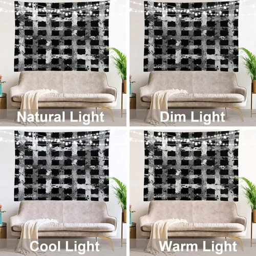Miniatura 9 de Shrahala Tapiz de pared negro grunge, monocromático para colgar en la pared, tapiz grande decorativo de fibra de poliéster, dobladillo blanco Ethnic