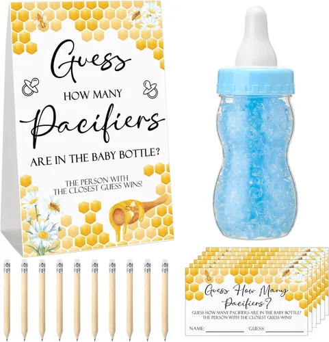 Miniatura 21 de Roowest 512 piezas de juegos de baby shower Adivina cuántos chupetes letrero, 100 pequeños juegos de adivinanzas, 10 lápices HB, botella de leche