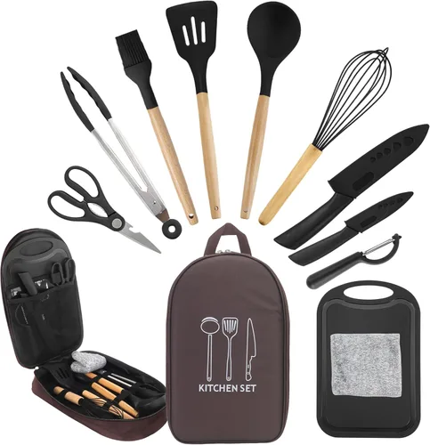 Camping Accessories Kitchen Cooking Utensils Set - Portable Outdoor Camp Cookware Set, Silicone Camper Essentials Gear Must Have Supplies for Travel