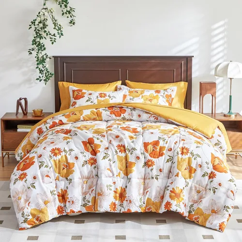 Miniatura 10 de Juego de sábanas de edredón de flores, color gris, cama en una bolsa, juego de ropa de cama reversible de 7 piezas tamaño King de microfibra floral