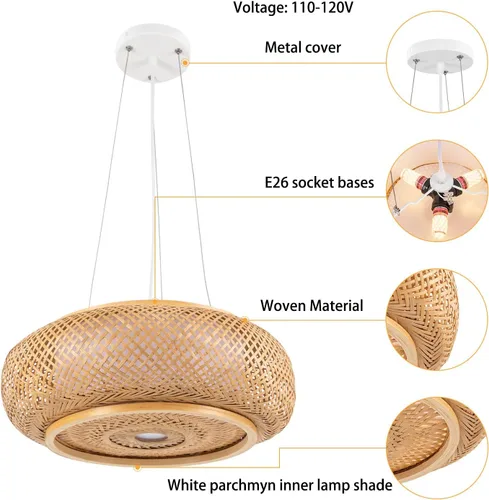 Miniatura 4 de Lámpara colgante de bambú tejida a mano, lámpara de ratán de una sola luz, tejido de madera natural, accesorio colgante de techo con cable ajustable