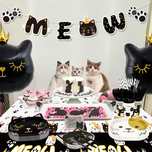 Miniatura 4 de 167 piezas de decoración de fiesta de cumpleaños de gatos, incluyendo platos de gato, servilletas, vasos, mantel, pancarta MEOW y pajitas de papel