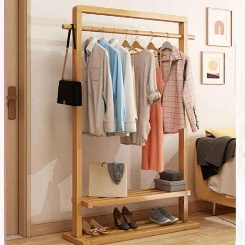 Miniatura 8 de Perchero de bambú para colgar ropa, perchero independiente con estantes dobles, organizador de ropa de pie para dormitorio o armario