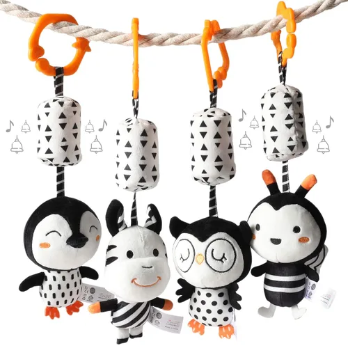 TUMAMA Juguetes de bebé blanco y negro para 3, 6, 9, 12 meses, sonajeros colgantes de felpa, juguetes de cochecito para recién nacidos para niños y