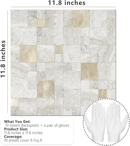 Miniatura 7 de STICKGOO - Azulejo para salpicaduras de pared de pelar y pegar, para pegar en salpicaduras de pared para la cocina y el baño, PVC, mezcla de metal