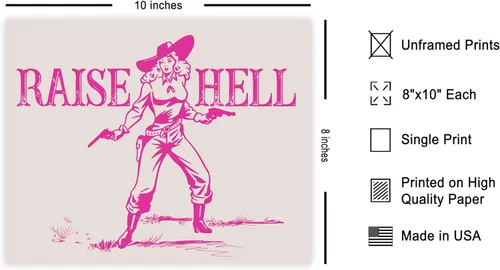Miniatura 2 de Poster Master Póster retro de vaquera rosa con texto en inglés "Raise Hell", diseño de pared occidental, regalo para hombres y mujeres, decoración
