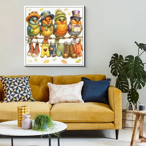 Miniatura 6 de Rompecabezas de 1000 piezas para la familia de pájaros lindos para adultos, coloridos pájaros con sombreros y bufandas, rompecabezas de animales