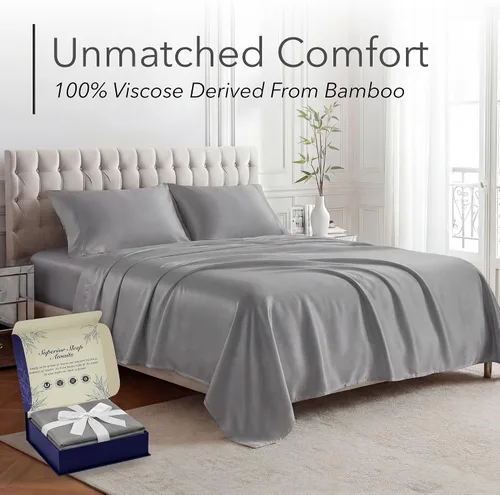 Miniatura 2 de DECOLURE Sábanas 100% Viscosa Derivada de Bambú Tamaño King - Juego de Sábanas de Lujo de 4 Piezas Naturalmente Refrescantes, Ultra Suaves - Gris