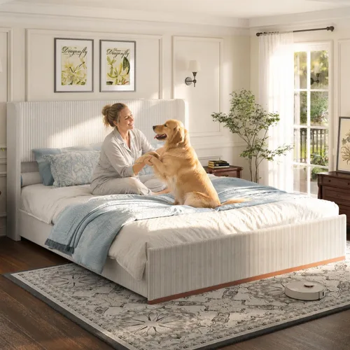 Miniatura 3 de Doltoro Base de cama tapizada tamaño Queen, plataforma de pana suave con cabecera de lujo con alas de 47 pulgadas, soporte de listones de acero