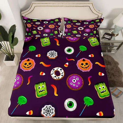 Miniatura 38 de Juego de ropa de cama de Halloween con patrón de sombras kawaii, sábana bajera tamaño queen, decoraciones de calabaza, luces de calabaza góticas