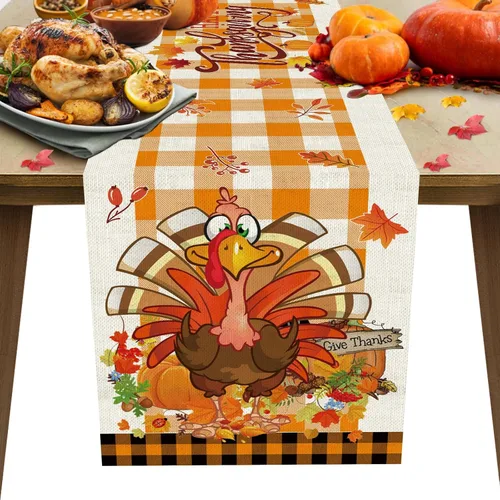 Camino de mesa divertido de pavo con hojas de otoño y búfalo, temporada de cosecha de otoño, Acción de Gracias, vintage, decoración de mesa de