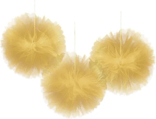 Deslumbrantes pompones de tul dorado esponjosos, 12 pulgadas (juego de 3 piezas), perfectos para eventos elegantes y decoración del hogar