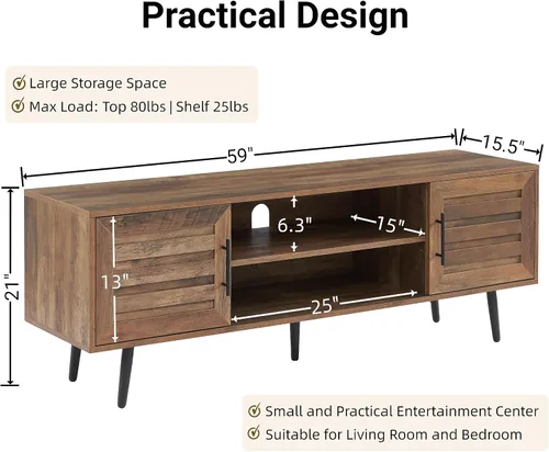 Miniatura 2 de EDYO LIVING Soporte de TV moderno de mediados de siglo para TV de 65 pulgadas, soporte de TV de madera con armario de almacenamiento y estante
