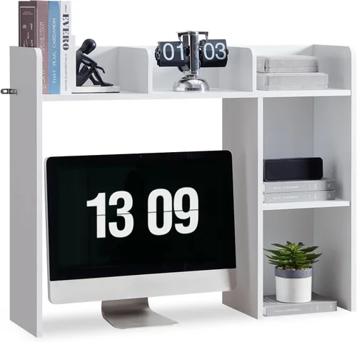 Miniatura 14 de Nromant Estantería de escritorio, gabinete de almacenamiento de escritorio de madera con 5 estantes, organizador de escritorio de 3 niveles