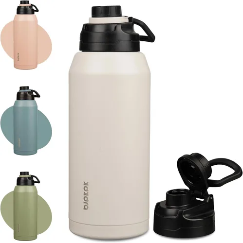 Miniatura 10 de BJPKPK Botella de agua aislada de 36 onzas, botellas de acero inoxidable con tapa de boquilla a prueba de fugas, jarra de agua grande de boca ancha