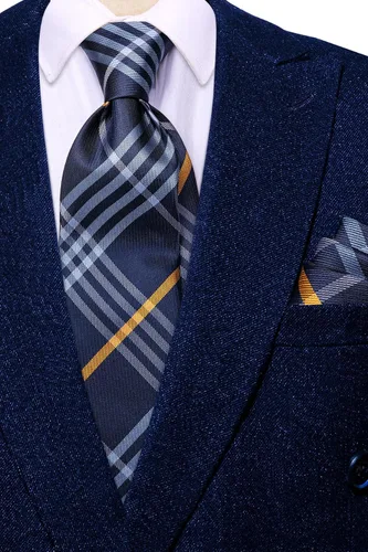 Miniatura 303 de Hi-Tie Corbata clásica de cachemira para hombre con pañuelo y gemelos a cuadros