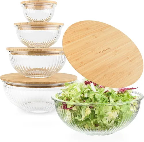 Miniatura 9 de Juego apilable de 5 cuencos de vidrio anidados para ahorrar espacio con tapas de bambú para preparación de alimentos, almacenamiento, horneado