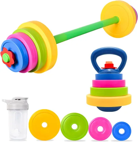 Conjunto de fitness 3 en 1 para niños con barra ajustable, pesas rusas y botella de agua reutilizable, equipo de gimnasio para niños para ejercicio