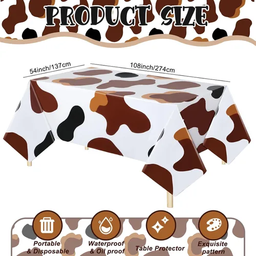 Miniatura 4 de Buryeah Mantel rectangular de plástico para mesa de vaca, 3 piezas, mantel de fiesta de granja de animales, mantel de vaca negra y blanca, mantel