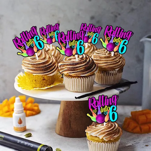 Miniatura 7 de 18 piezas de bola de boliche con purpurina, decoración de postre, magdalenas, boliches, 6 temas, suministros de decoración para niños y niñas