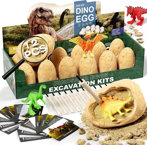 Uregoio Kit de Excavación de 12 Huevos de Dinosaurio Juguetes para Niños, Kit de Excavación Sorpresa de Huevos de Dinosaurio con Lupa, Regalos de
