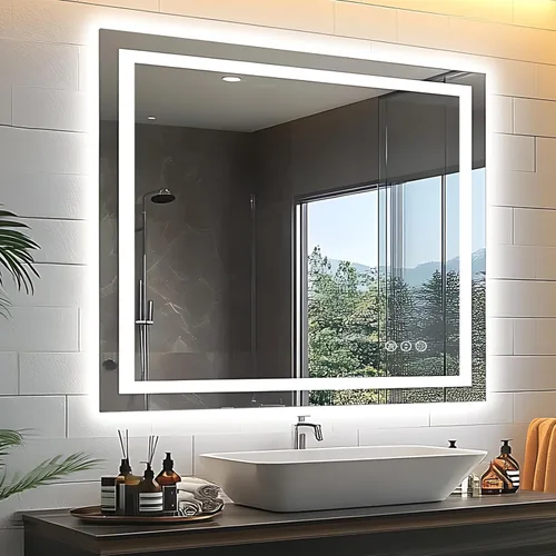 Miniatura 16 de EchosLife Espejos de baño LED de 20 x 28 pulgadas para pared, marco de aluminio negro (frontal y retroiluminado), espejo de tocador antivaho