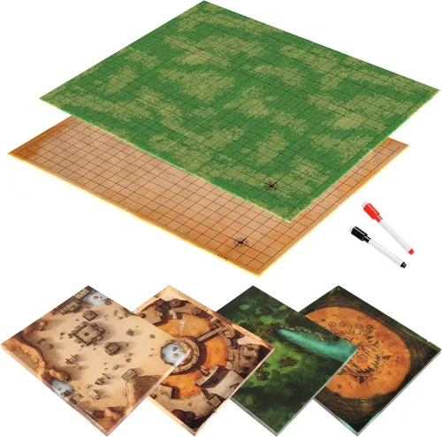 CZYY DND - Tapete plegable de borrado en seco TTRPG Map Grassland & Desert de cartón de dos caras de 27 x 23 pulgadas con rejilla cuadrada, tablero
